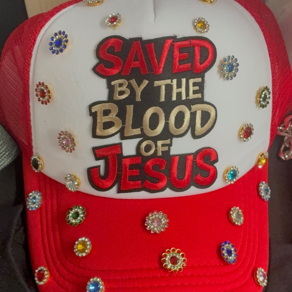 Custom Made Embellished Red Cap with Gem Accents